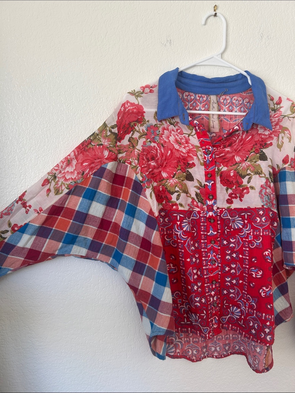 Mixed-Print Floral & Plaid Button-Up Blouse - Red/Blue - Picture 4 of 10